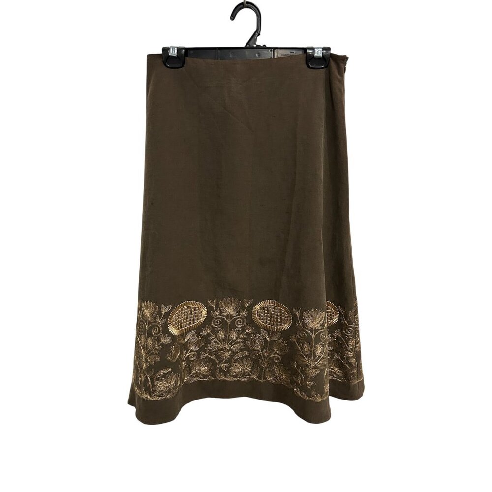 Peck & Peck Brown Silk Linen Blend Embroidered A-Line Skirt Womens Size 6 Boho